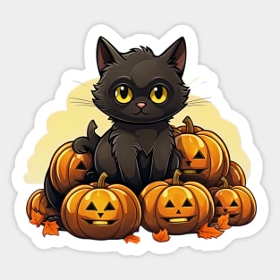 Halloween Black Cat and Pumpkins Sticker